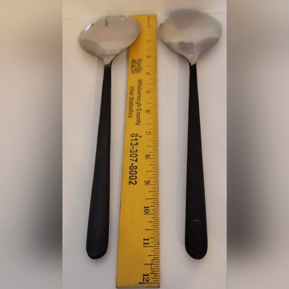 Vintage MCM Stainless Steel Salad Set Fork&Spoon 11.5" Grooved Matte Handles - Picture 6 of 7